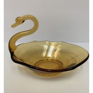 Vintage Viking Amber Swan Candy Dish with Rippled Edges‎